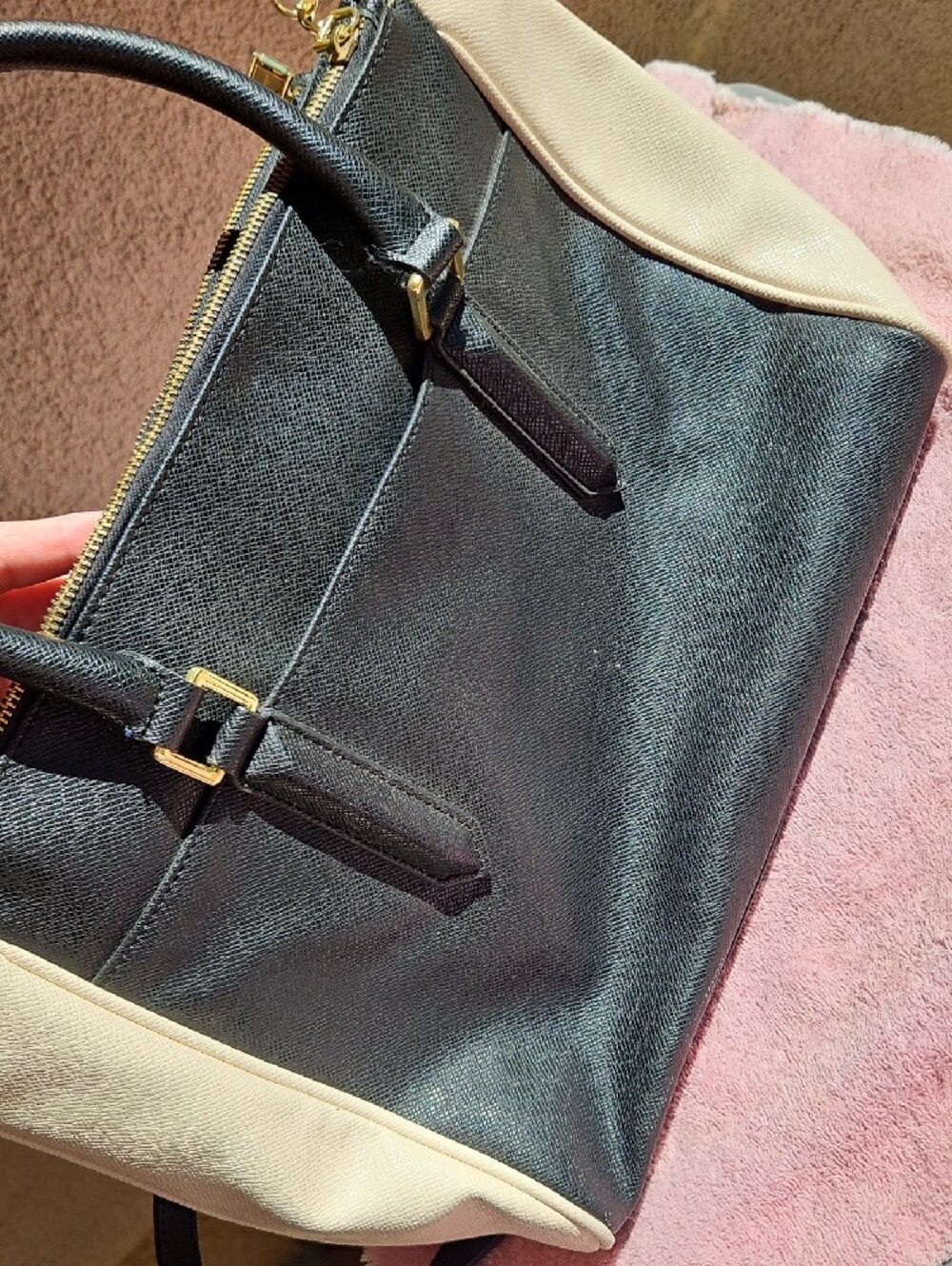 London Fog Black and Cream Structured Tote - Picture 4 of 11